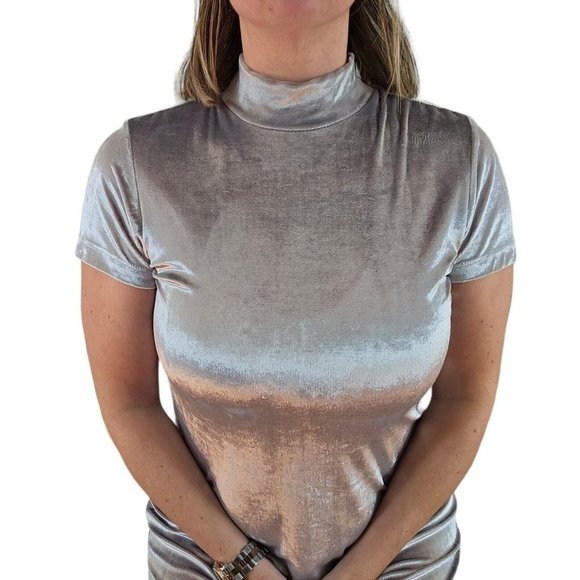 90s M Silver Velvet Skater Mini Dress Mockneck Metallic Shiny Stretchy Party - Picture 2 of 6